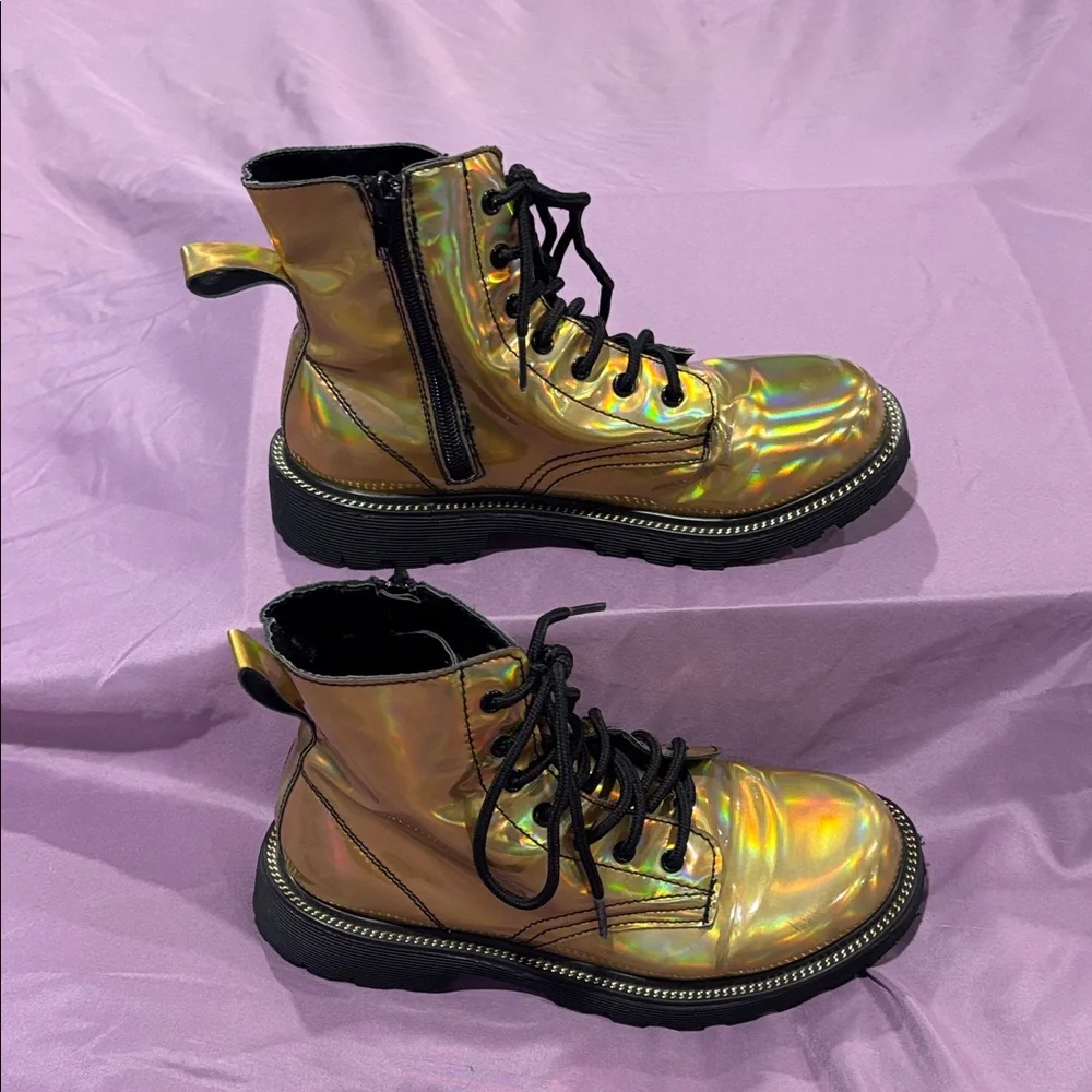 Womens Holographic Lace-Up Combat Boots - Gold Iridescent - Picture 2 of 11
